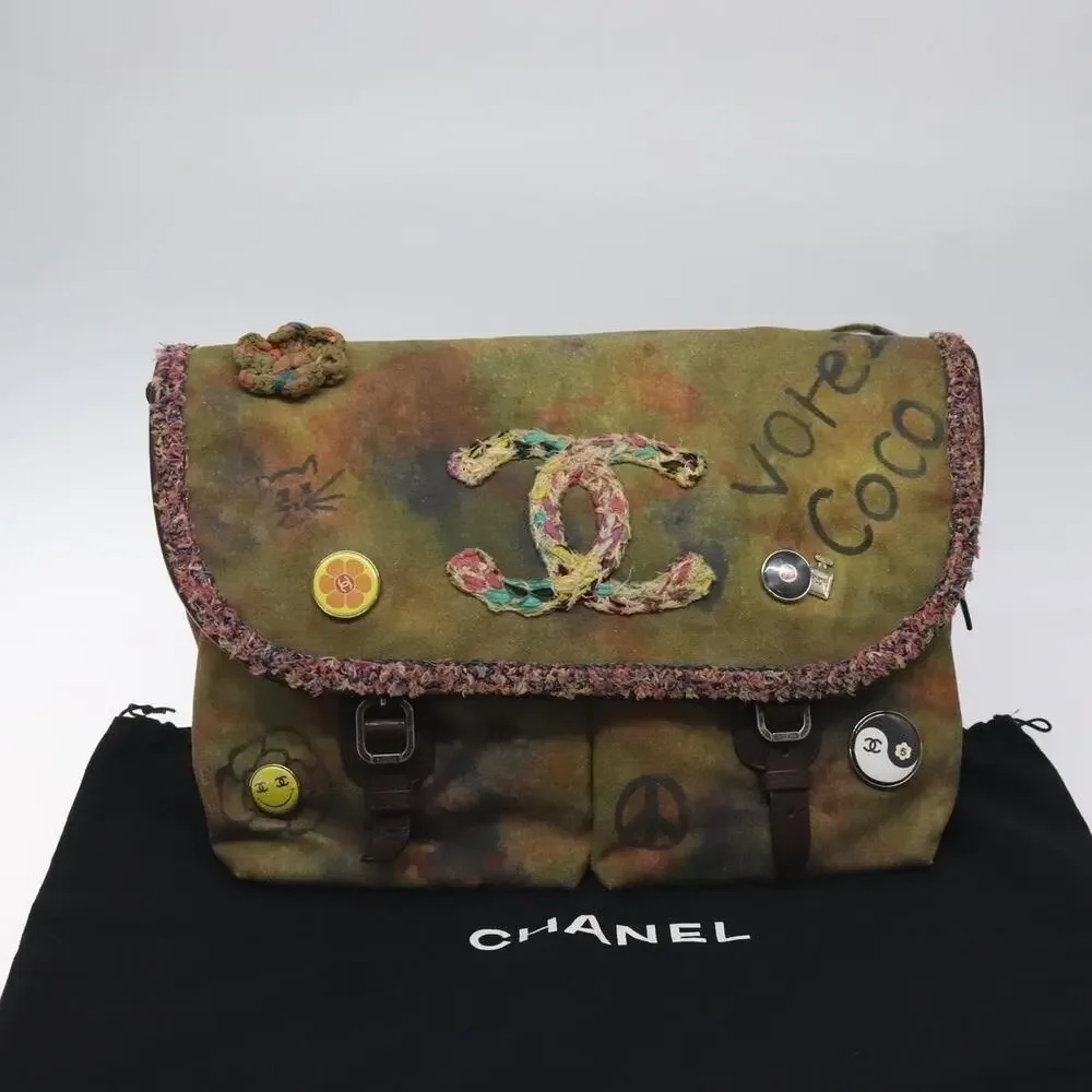 Chanel Embroidery Graffiti CC Canvas Leather Shoulder Bag Khaki